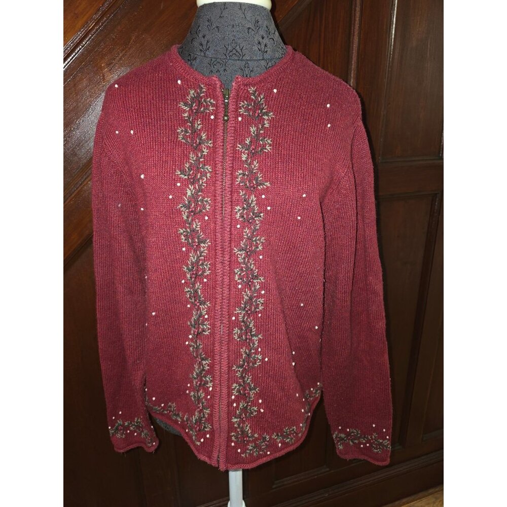 Croft & Barrow Red Embroidered Christmas Floral Cardigan Sweater XL Zip Front